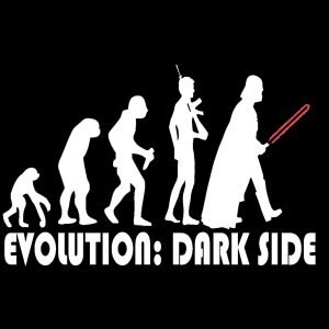 Evolution: Dark Side T-Shirt featuring a graphic of human evolution ending with a Jedi holding a lightsaber, perfect for Star Wars fans and science enthusiasts